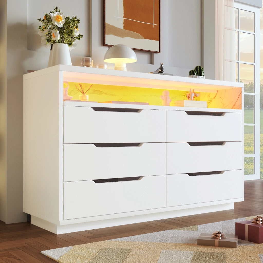 CREDENZA LED 120x40x85 cm Bianca con 6 cassetti