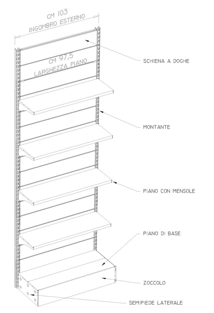 Arredo a negozio a parete scaffalatura metallica cm. 80x60x300h