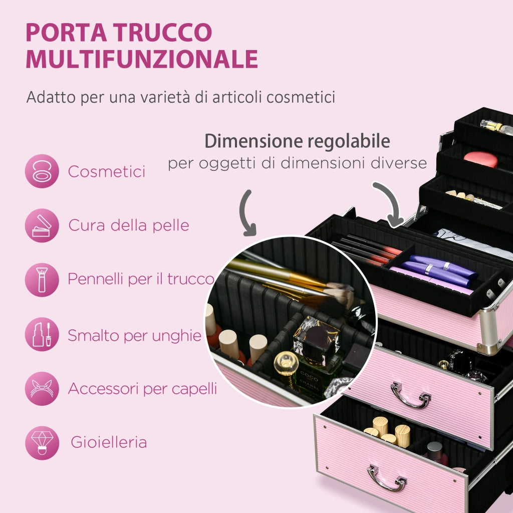Trolley per Estetista Make Up Trucchi Professionale Rinforzato con Blocco a 2 Chiavi 36x23x58 cm Rosa