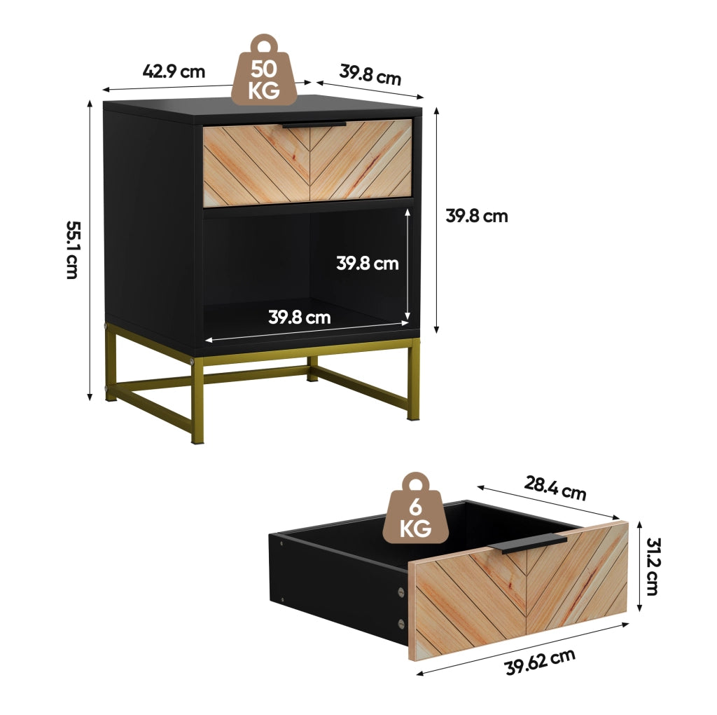 Comodino moderno in MDF nero e naturale, 43 x 40 x 55 cm