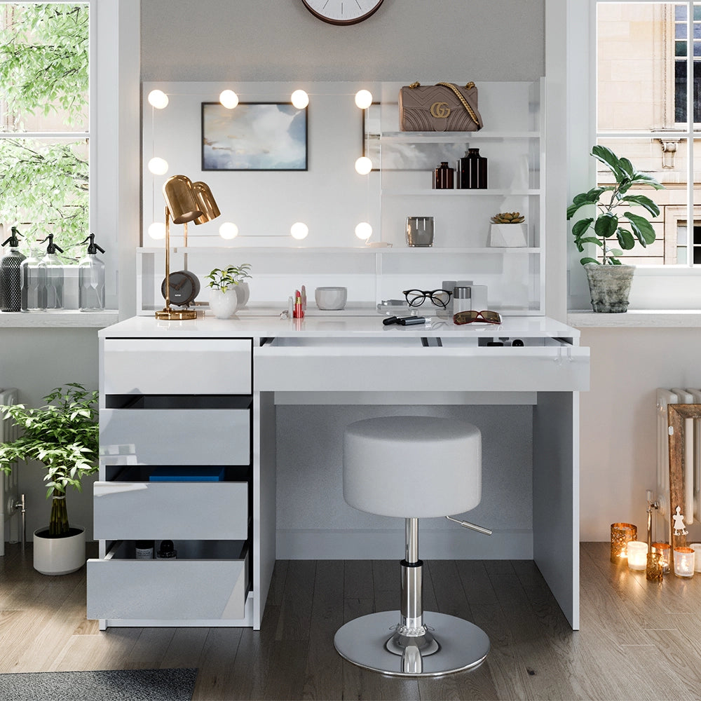 Vicco Tavolo da toeletta Bianco 120 cm con illuminazione a LED, sgabello e ripiano a specchio