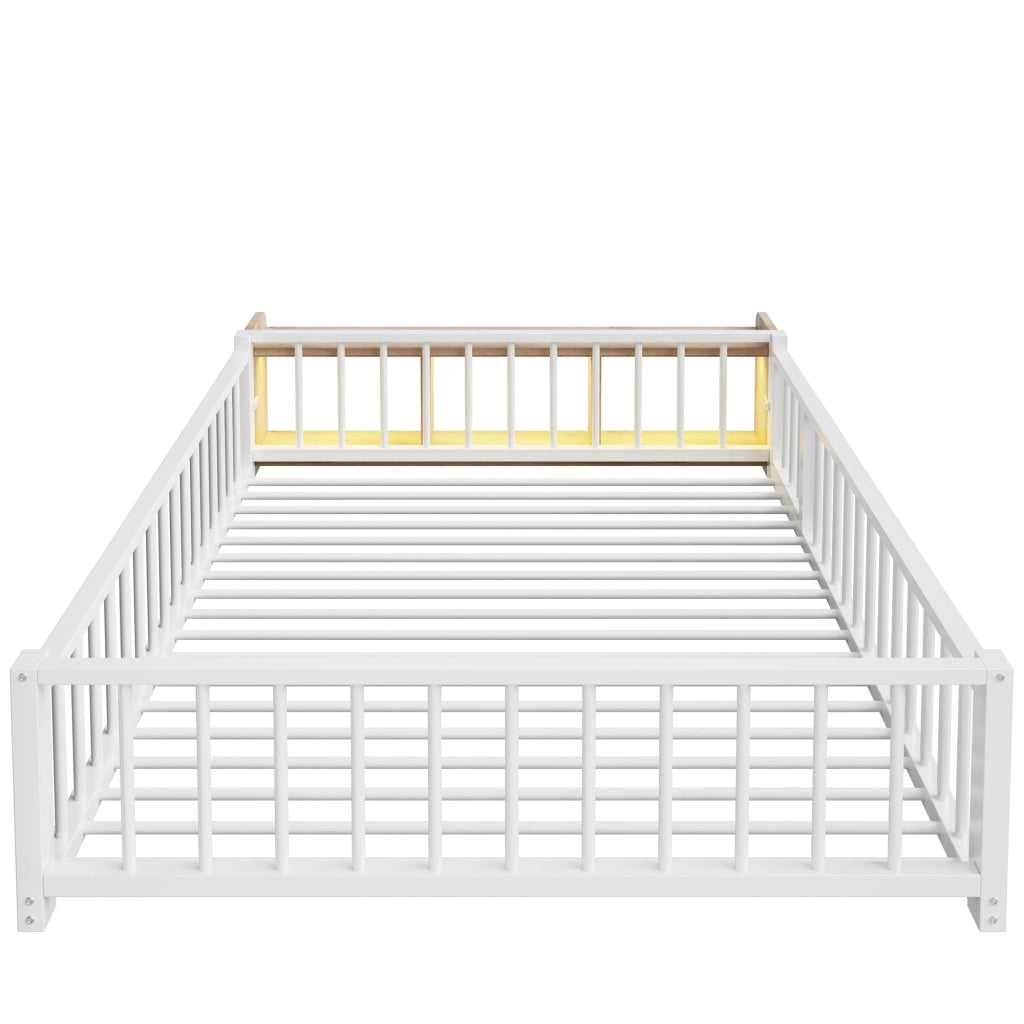 Letto singolo con protezione - Zephmum- 140x200 cm- Bianco- LED, cassetti