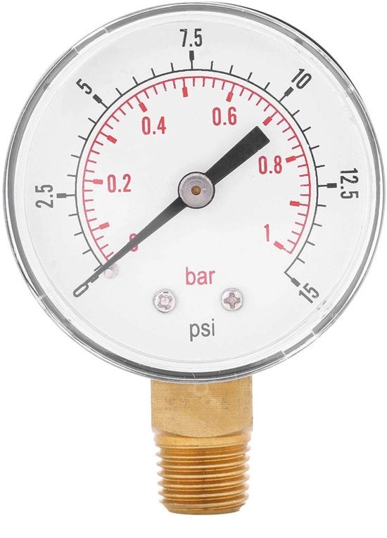 Manometro di Pressione 52mm - Manometro Acqua - Mini Manometro di Pressione - 0-15psi/0-1bar - 1/4" BSPT Connettore - Adatto per Aria/Olio/Acqua