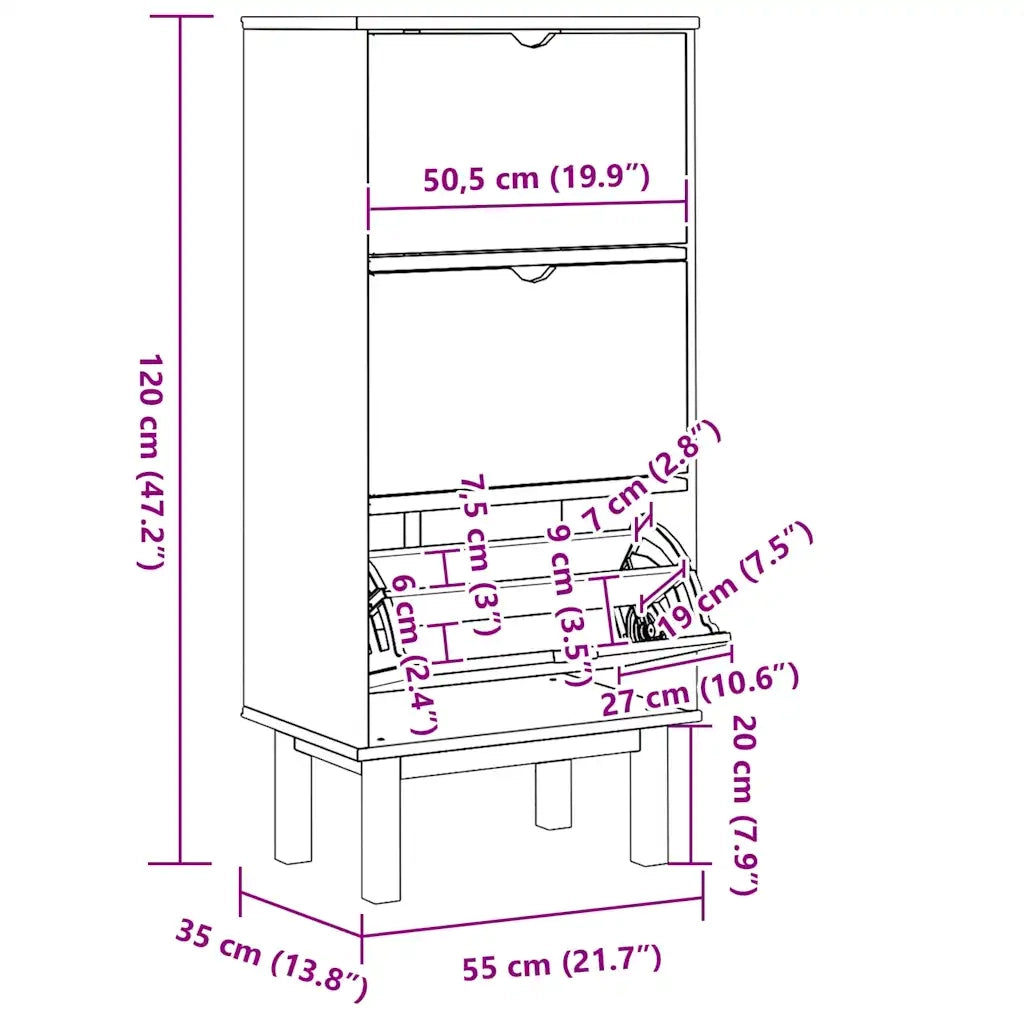 Scarpiera OTTA con 3 Cassetti Marrone in Legno Massello di Pino 351309