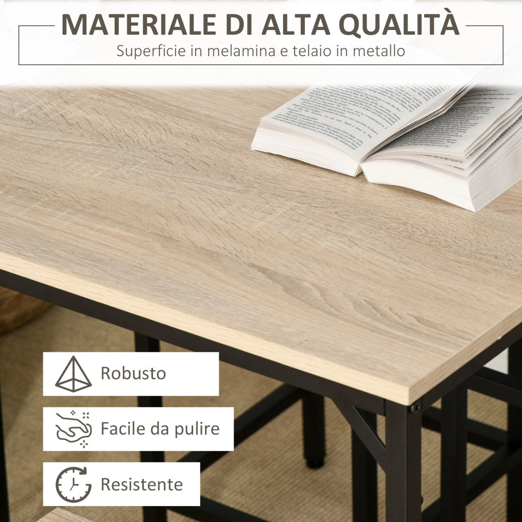 Set Tavolo Alto con 4 Sgabelli Stile Industriale in Metallo e Legno, Rovere Chiaro
