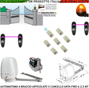 CANCELLO AUTOMATICO KIT MOTORE A BRACCIO ARTICOLATO 220/24 V ANTA BATTENTE DA 0,5 A 2,5 MT CENTRALE 7 RADIOCOMANDI FARO 2 FOTOCELLULE