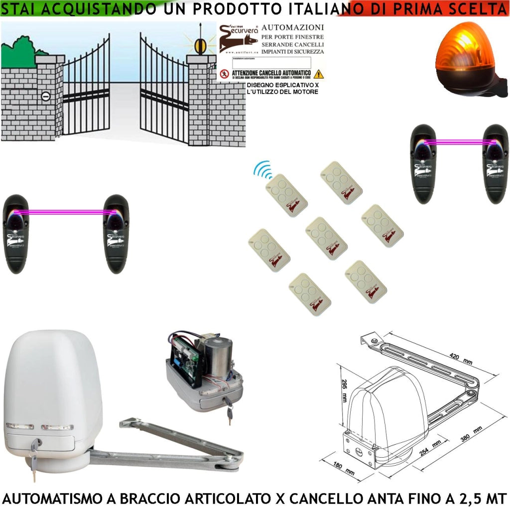CANCELLO AUTOMATICO KIT MOTORE A BRACCIO ARTICOLATO 220/24 V ANTA BATTENTE DA 0,5 A 2,5 MT CENTRALE 7 RADIOCOMANDI FARO 2 FOTOCELLULE