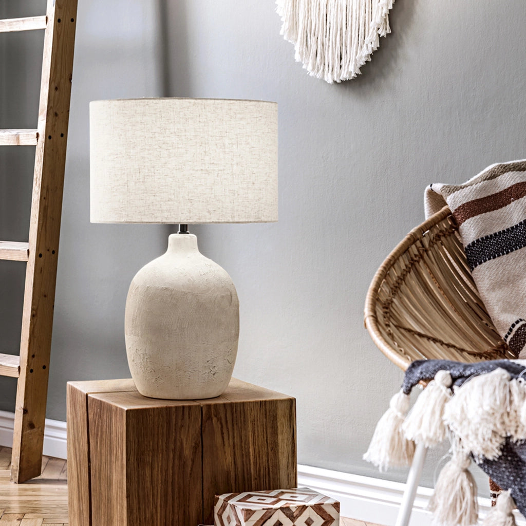 Lampada Tavolo Contemporanea Tribale Ceramica Beige Tessuto Avana 1 Luce E27
