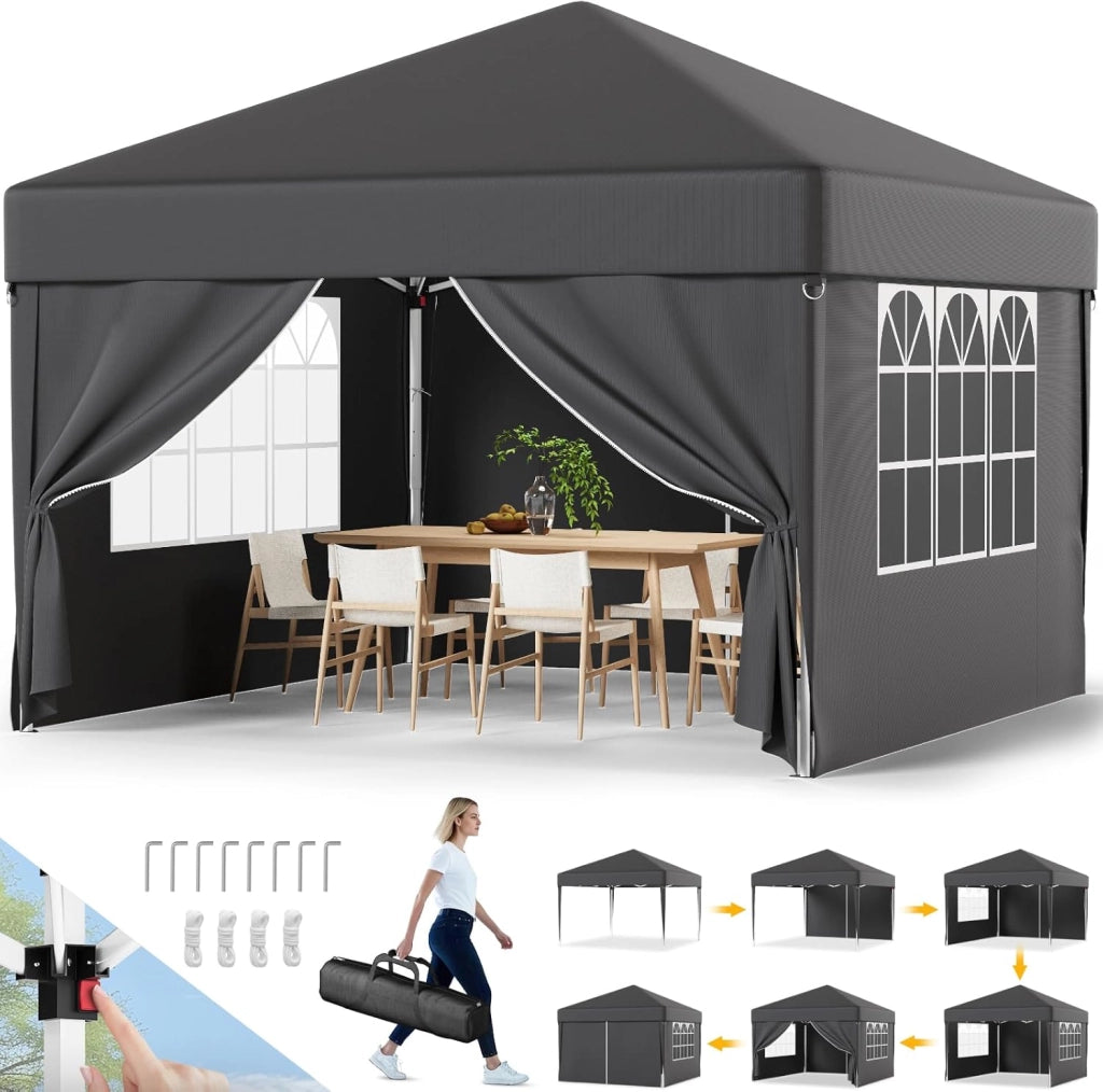 Gazebo 3x3 Pieghevole Impermeabile 3 Pieghevole Altezza Regolabile Protezione UV 50 +,Gazebo da Giardino con Borsa di Trasporto Esterno Resistente,Grigio