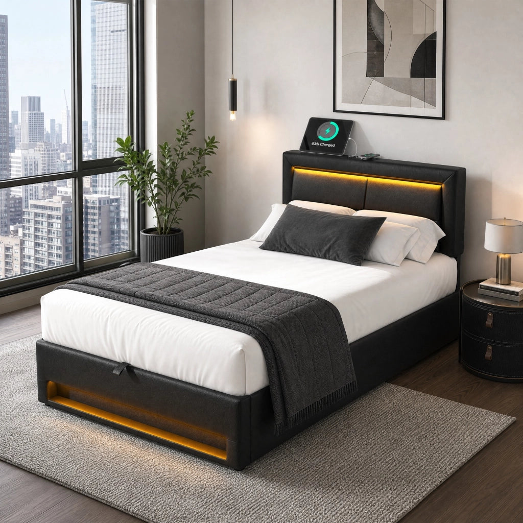 Letto imbottito 90x200 cm in PU nero con USB; LED e contenitore