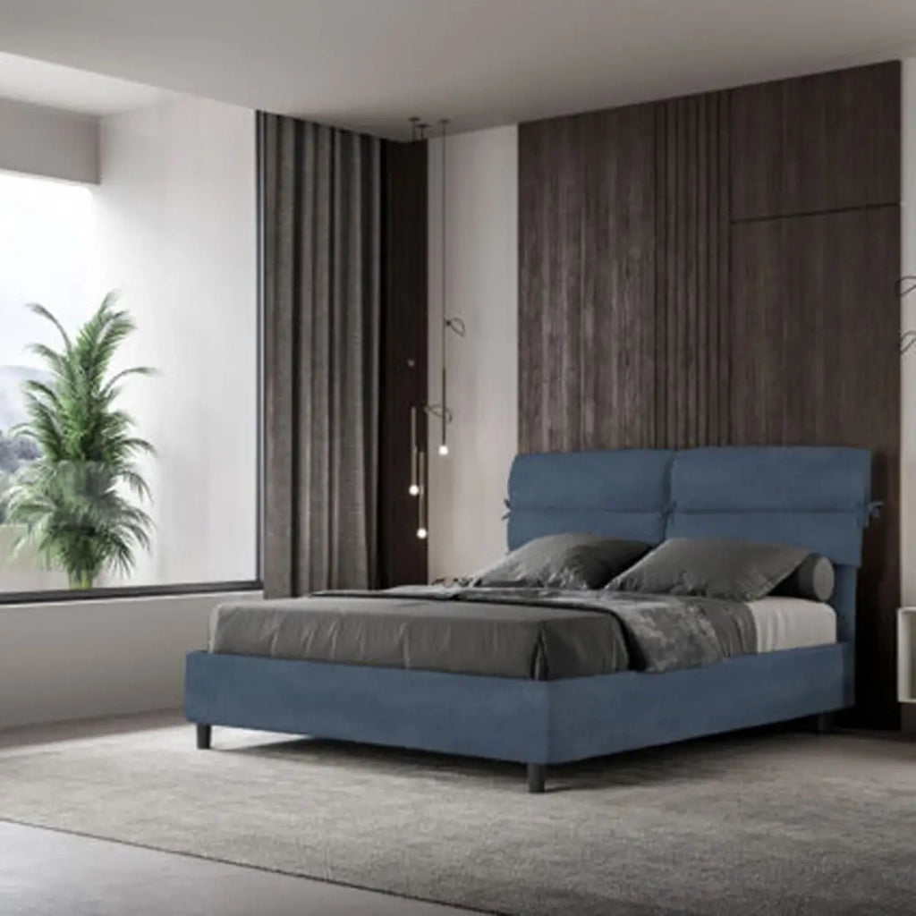 Letto matrimoniale con rete imbottito 160x210 microfibra blu Nandy