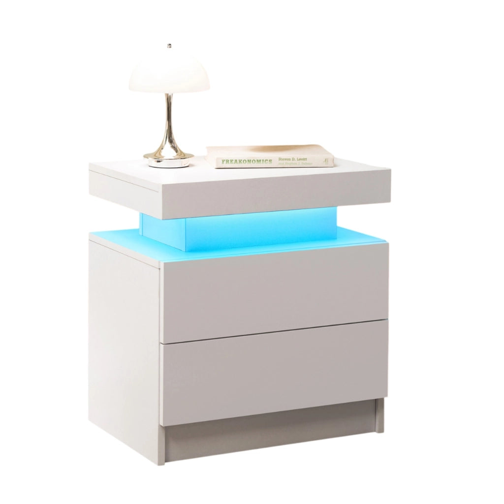 Comodino bianco con LED multicolore regolabile; vano aperto e 2 cassetti