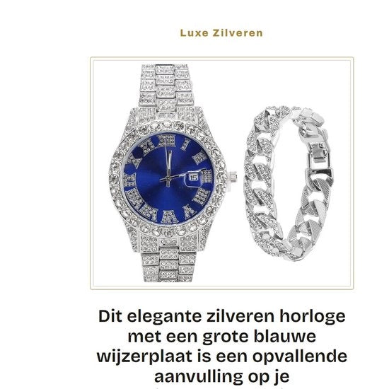 Orologio Brillante - Cinturino in Acciaio Inox Argento - Orologio con Orologio Grande Blu - Funzione Calendario - Lusso con Pietre - Design Elegante - Orologio da Polso