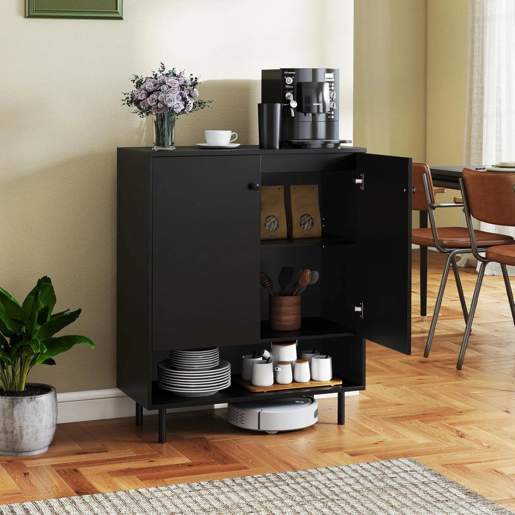 Armadio da cucina con 2 ante e 1 ripiano aperto, credenza con ripiani regolabili, credenza buffet 75 x 35 x 95 cm, armadio per soggiorno, sala da pranzo (Nero)