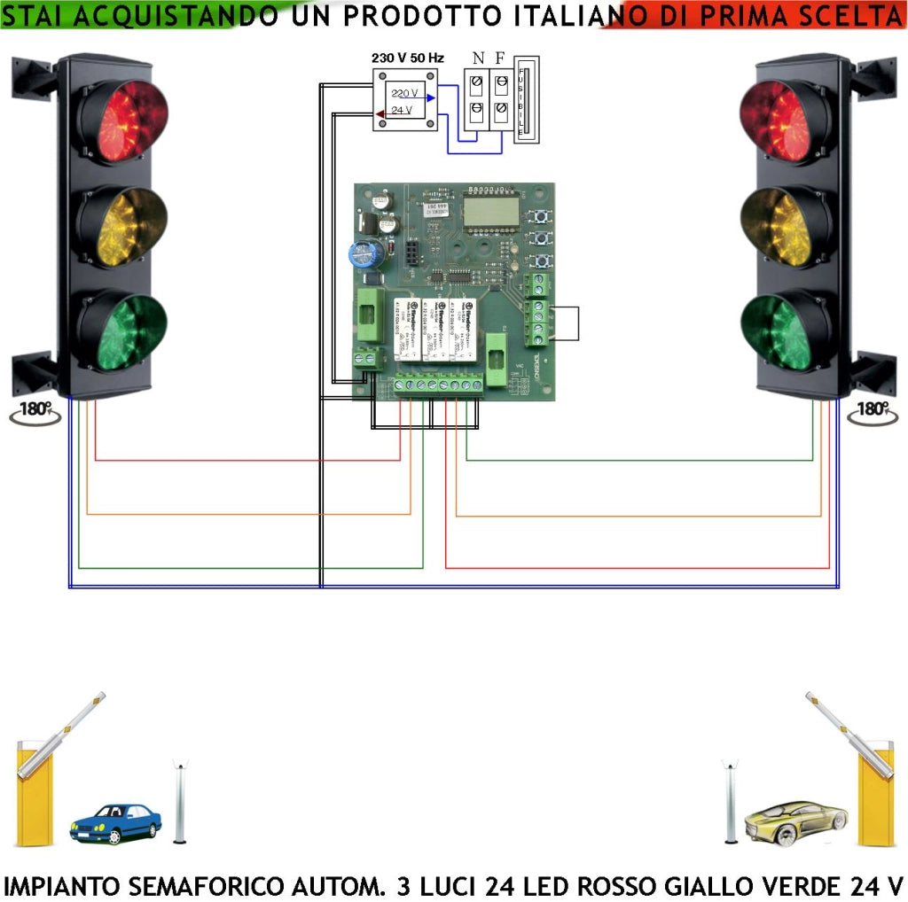 Impianto Semaforico Rampa Garage Semaforo Orientabile 24 Led Rossi 24 Led Gialli 24 Led Verdi Alimentazione da Centrale 24 Vac CE IP65 Funzione Ciclica Tempi Regolabili da 3 a 240. Uscita Parcheggio
