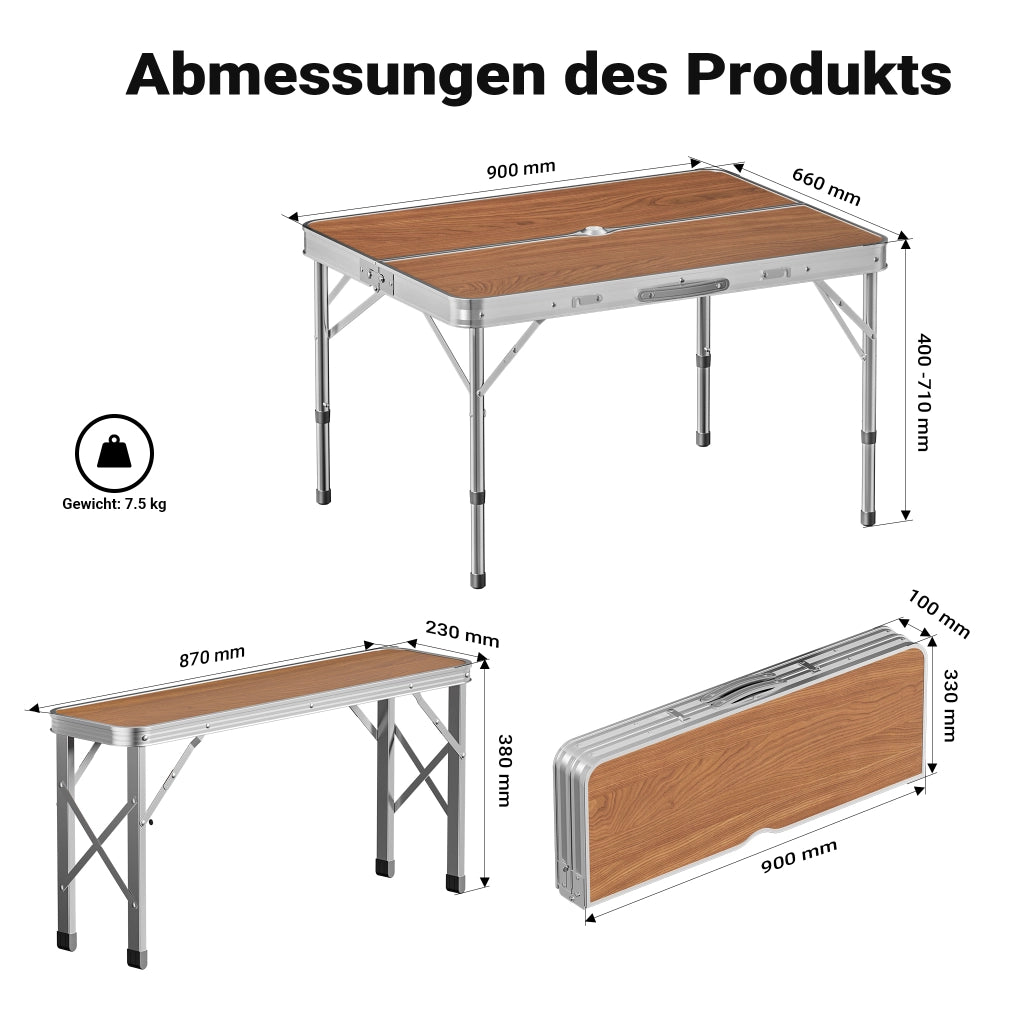 Tavolo pieghevole in alluminio con due panche effetto legno 90x66x70 cm Richiudibile Da campeggio