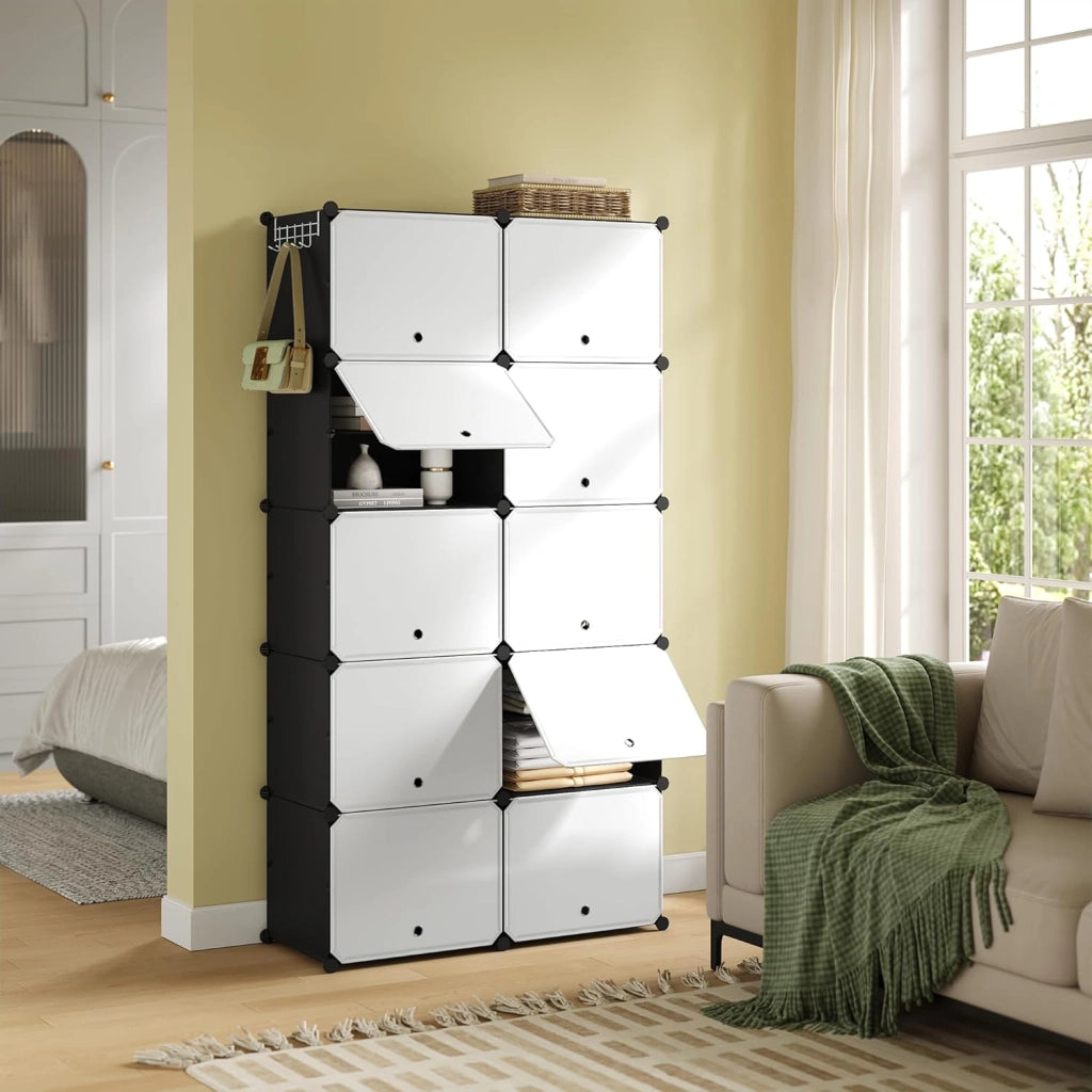 Scarpiera da Ingresso, Porta Scarpe con 10 Scomparti, Scarpiera Modulare per 40 Paia di Scarpe, Contenitore per Scarpe con Porte, in Plastica e Metallo, Bianco + Nero, 35x35x45cm/Scomparto