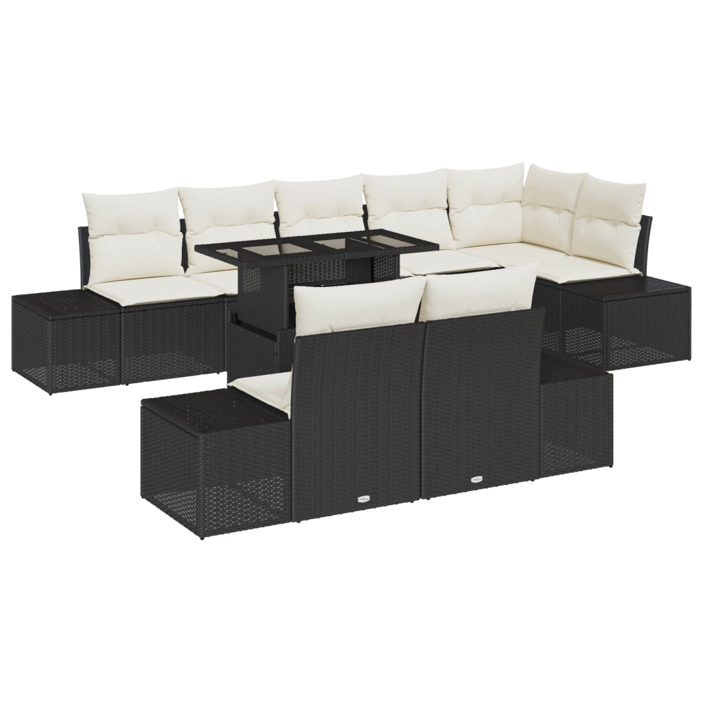 Set di divani da giardino 9 pezzi con cuscini in polirattan nero