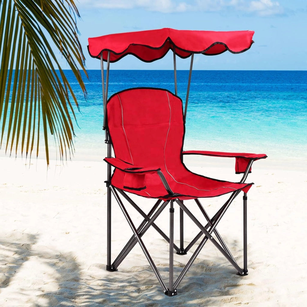 Sedia da Campeggio con Tettuccio, Poltrona da Spiaggia Pieghevole con Portabicchieri, Sedia Mare Leggera e Portatile, con Braccioli, Portata 120 kg (Rosso)