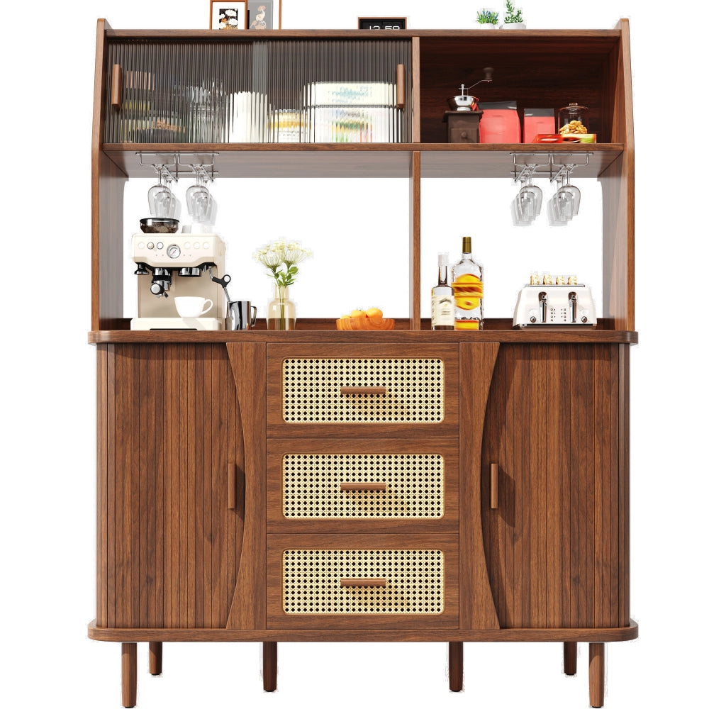 Credenza con 3 cassetti; ante scorrevoli in vetro e vani aperti - per cucina - noce