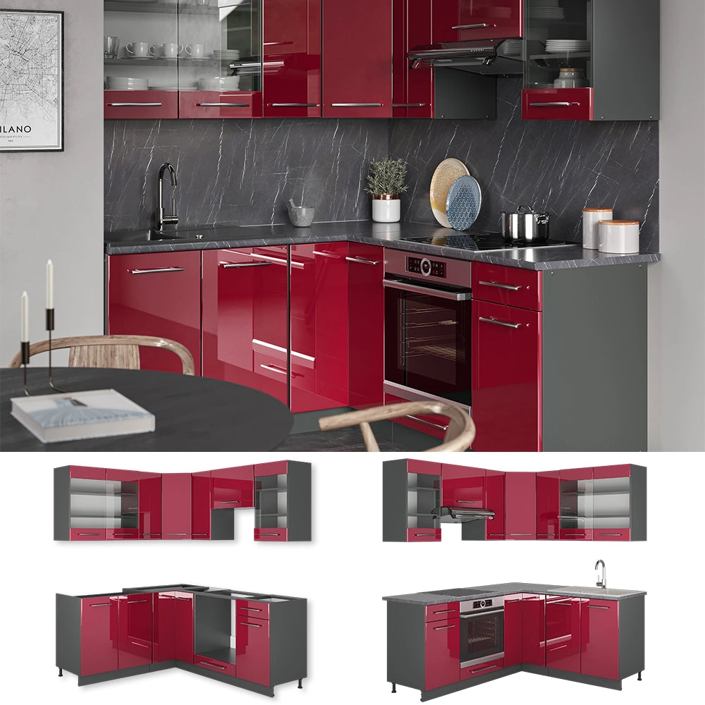 Vicco Cucina angolare completa Bordeaux lucido/antracite 160 x 60 cm senza piano di lavoro