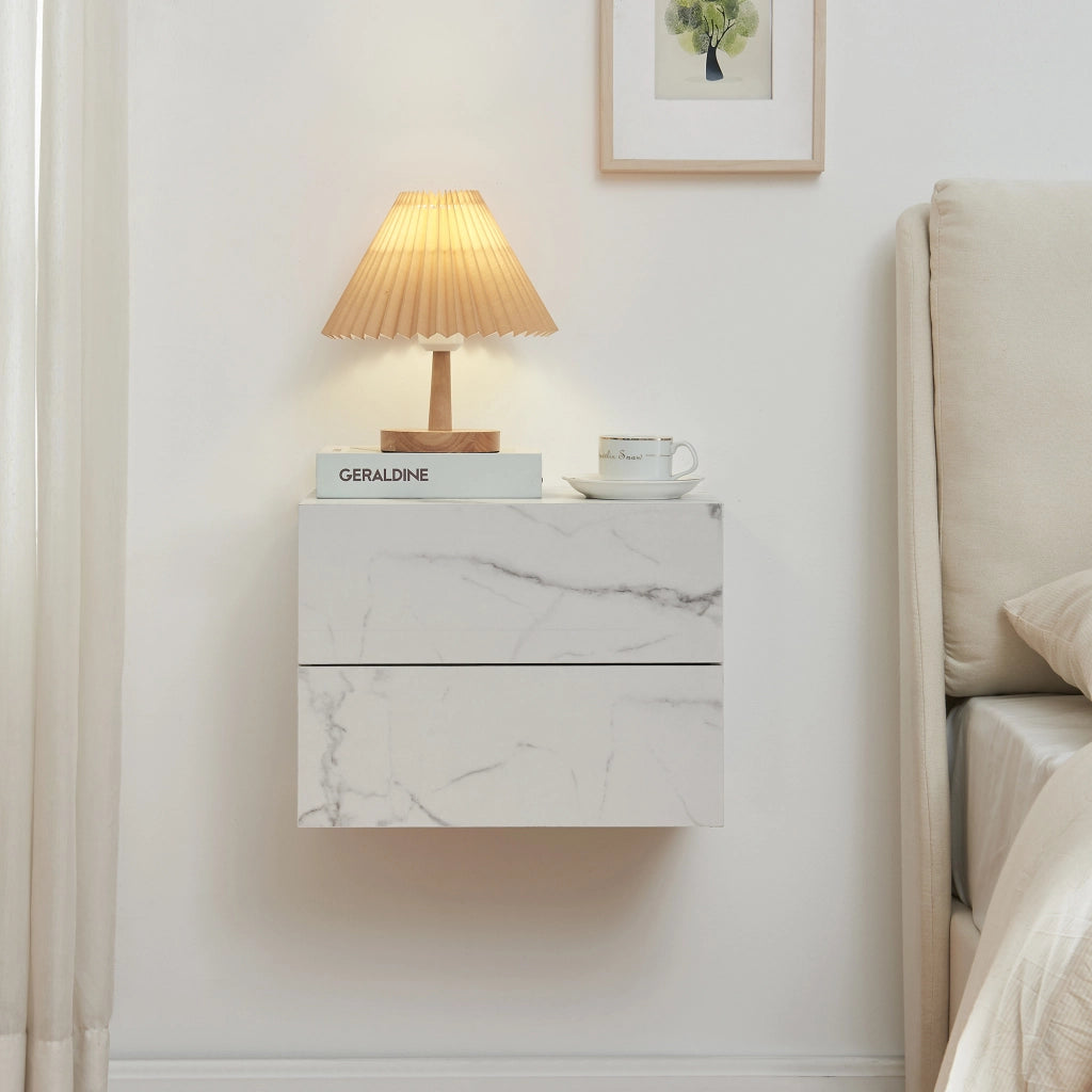Comodino da Parete Ampfing con 2 Cassetti 40x29x30 cm Effetto Marmo Bianco [en.casa]