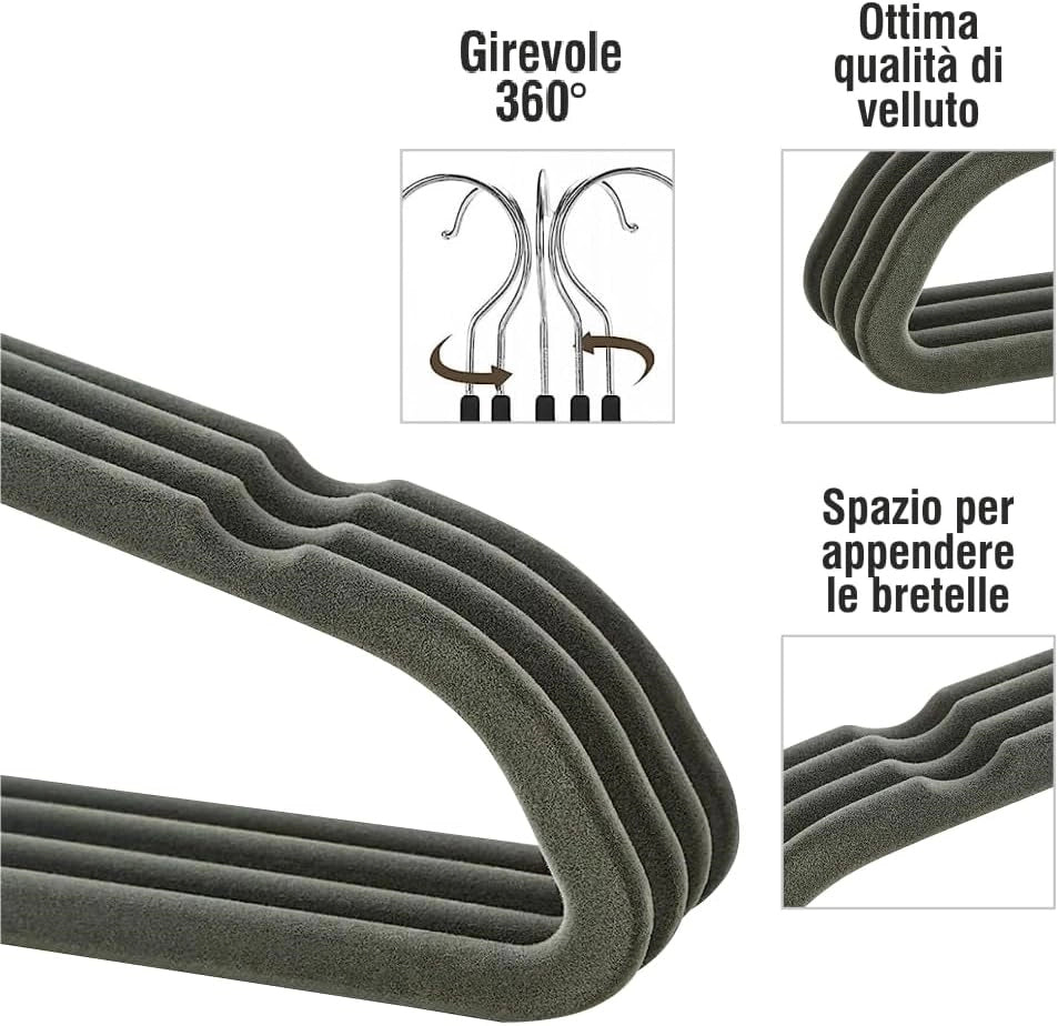 Grucce Vellutate 24pz Antiscivolo Salvaspazio, Gancio Girevole a 360° 42 cm