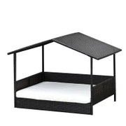 Casetta per Cani in Rattan con Cuscino, Letto per Cani a Forma di Casa, Cuccia per Cani da Esterno, Telaio in Acciaio, Plastica, 69 x 98 x 70 cm, Marrone Caffè