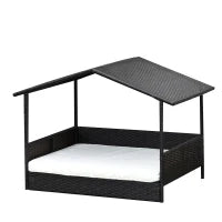 Casetta per Cani in Rattan con Cuscino, Letto per Cani a Forma di Casa, Cuccia per Cani da Esterno, Telaio in Acciaio, Plastica, 69 x 98 x 70 cm, Marrone Caffè