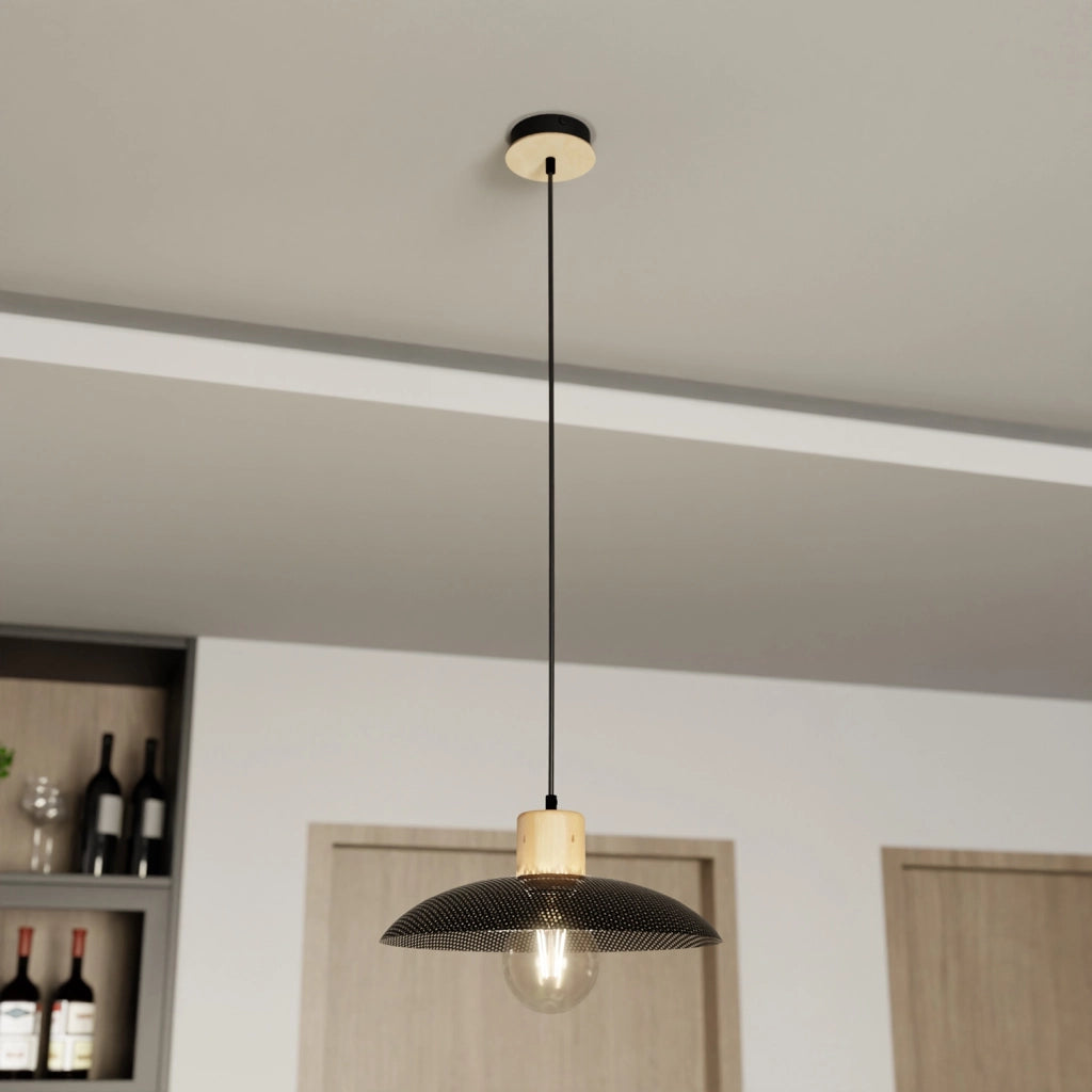 Sospensione Nordica Ishtar 1 Luce In Legno E Acciaio Nero