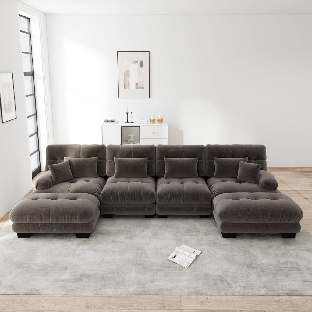 Divano modulare angolare a U in chenille con pouf mobile e cuscini design vintage per soggiorno marrone