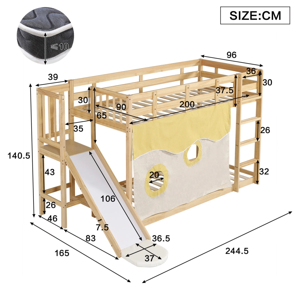 Letto a castello 90x200 cm con scivolo; tenda e scala in MDF e pino naturale