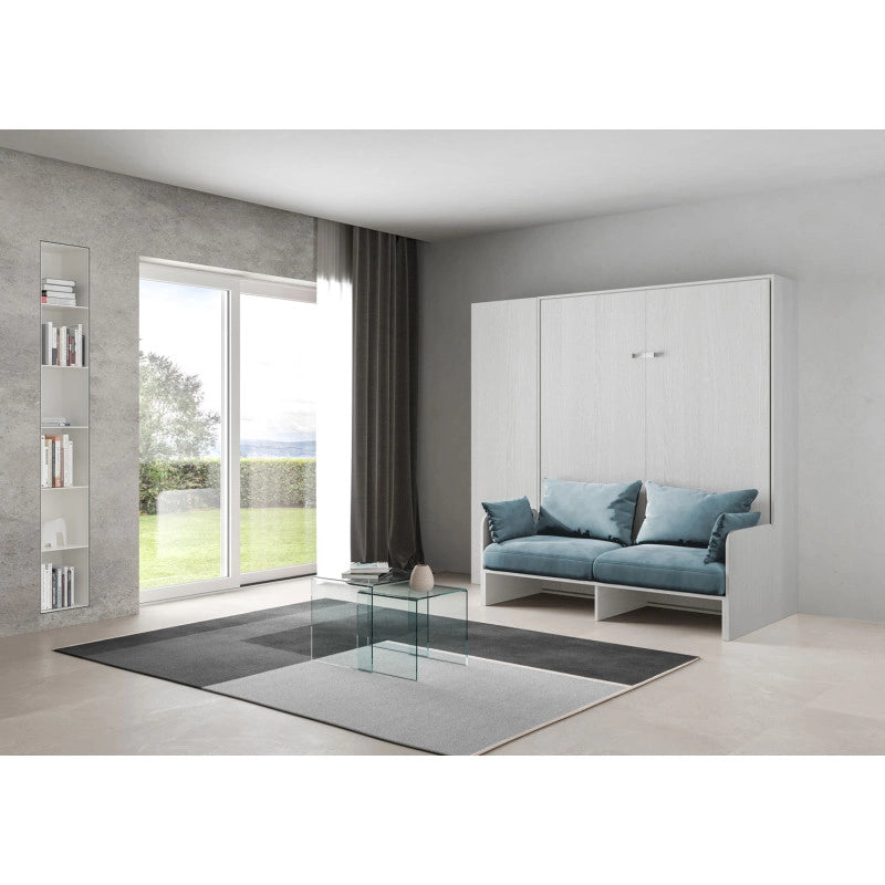 Letto matrimoniale a scomparsa 160 Kentaro con divano e colonna , azzurro - Bianco Frassino