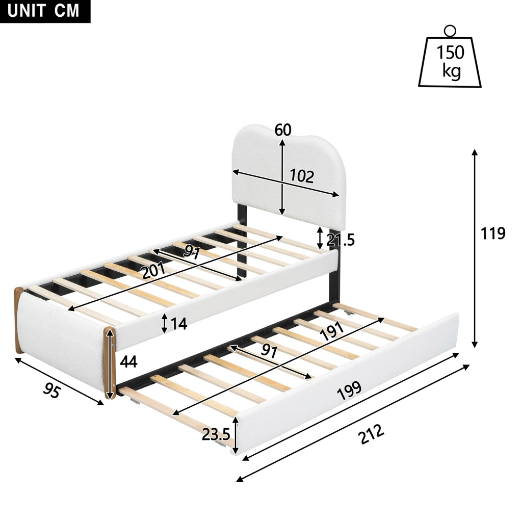 Letto imbottito 90x200 cm bianco con letto estraibile e design essenziale