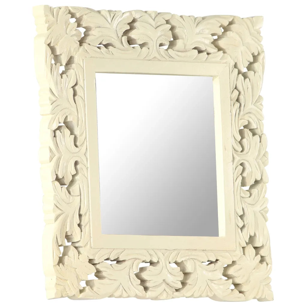 Specchio Intagliato a Mano Bianco 50x50 cm in Massello di Mango 321641