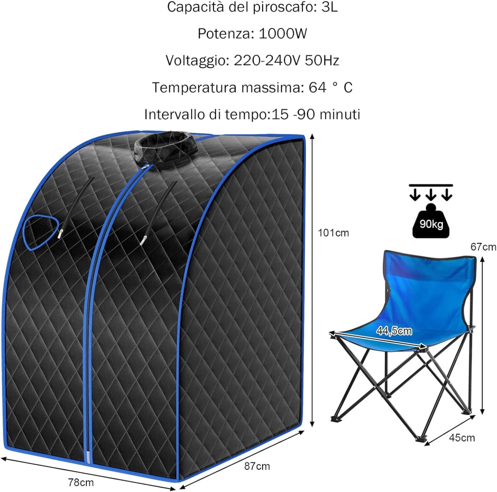 Cabina Sauna a Vapore, Sauna da Casa con Sedia, Telecomando, Timer e Temperatura Regolabili, con Funzione Atomizzazione e Coperchio di Vetro Temperato Antiscoppio (Nero)