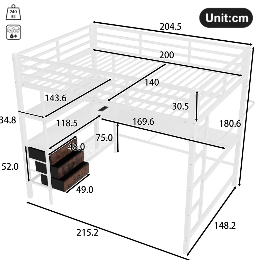 Letto a soppalco 140x200 cm bianco con scrivania, LED, USB e 3 cassetti