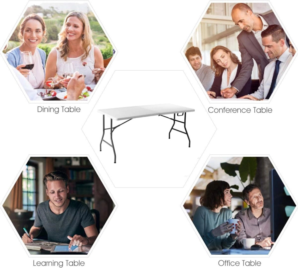 Tavolo da campeggio pieghevole da giardino con maniglia, tavolo da pranzo con piedini antiscivolo, bianco (182 x 75 x 74,5 cm)