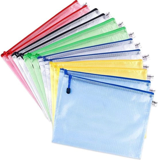 12 Pacchi A4 con Rete per Documenti e Portafogli in Plastica per Ufficio, Cosmetici e Documenti da 6 Colori