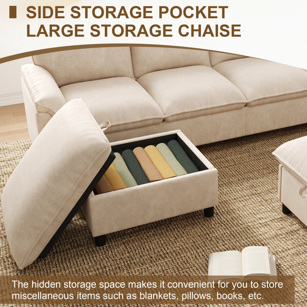 Divano modulare a U con 2 pouf contenitore e seduta profonda in ciniglia beige schienale alto 264,5 × 142,5 × 84 cm