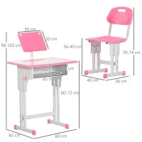 Banco Scuola con Sedia ad Altezza Regolabile per Bambini 6-12 Anni, Acciaio e MDF, Rosa