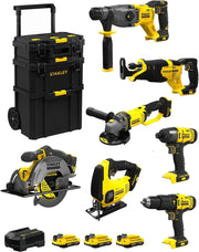 STANLEY FatMax Kit SVK702 (SFMCH900 + SFMCG400 + SFMCD711 + SFMCF800 + SFMCS500 + SFMCS600 + SFMCS300 + 3 Batterie 2,0 Ah + Caricabatteria + Caddy 3in1)
