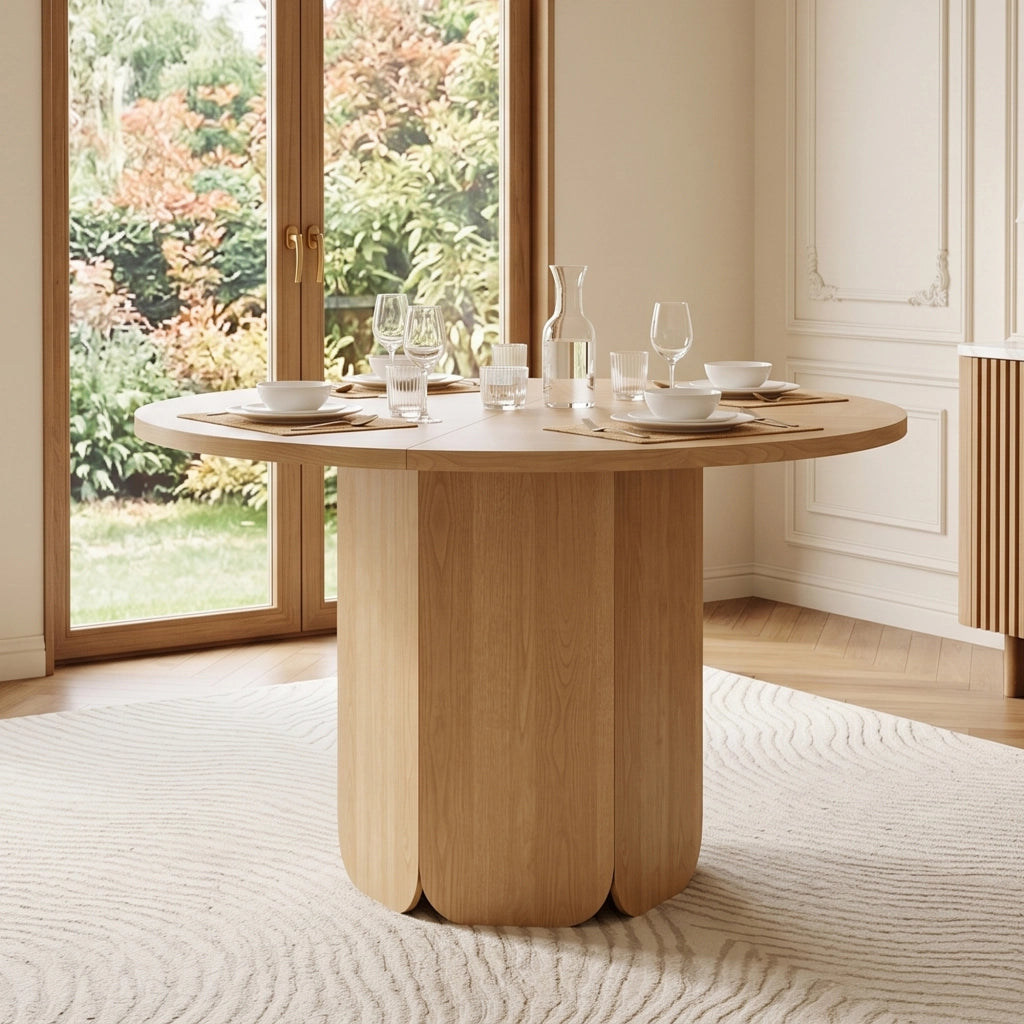 Tavolo da pranzo rotondo 120 cm in MDF effetto rovere, per 4-6 persone, design scandinavo