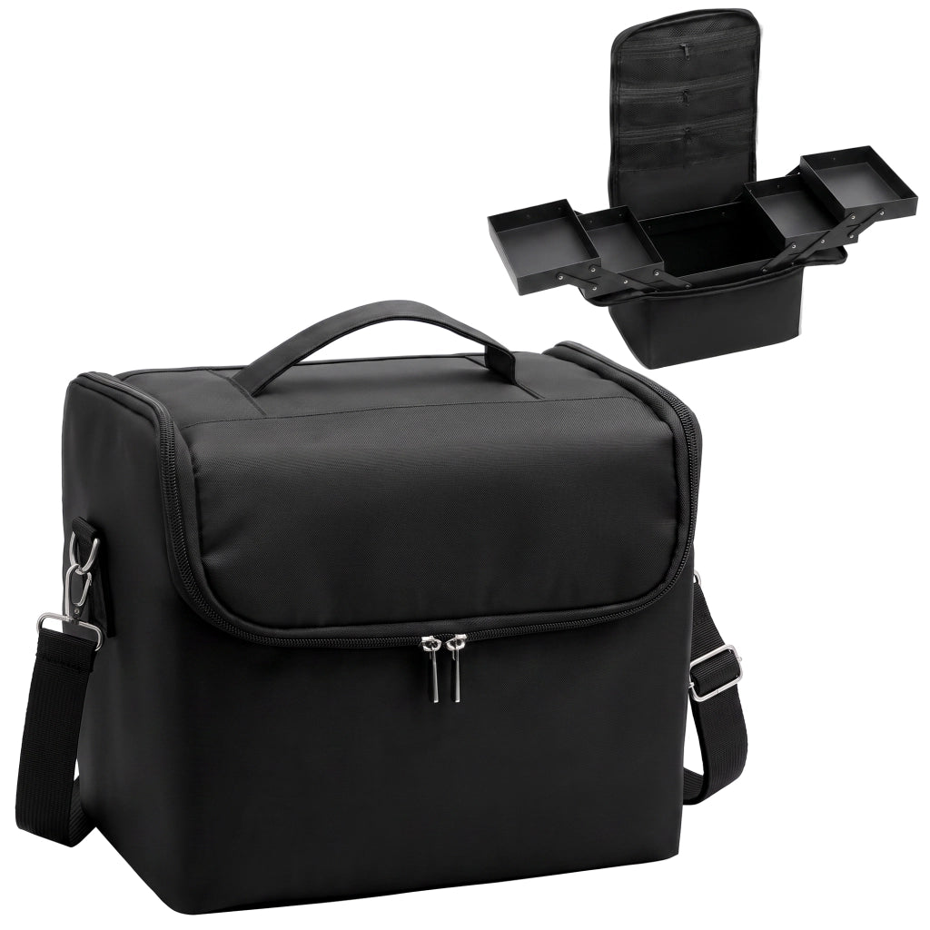 Beauty Case da Trucco con 4 Contenitori Rimovibili, Tracolla e Maniglia, Nero
