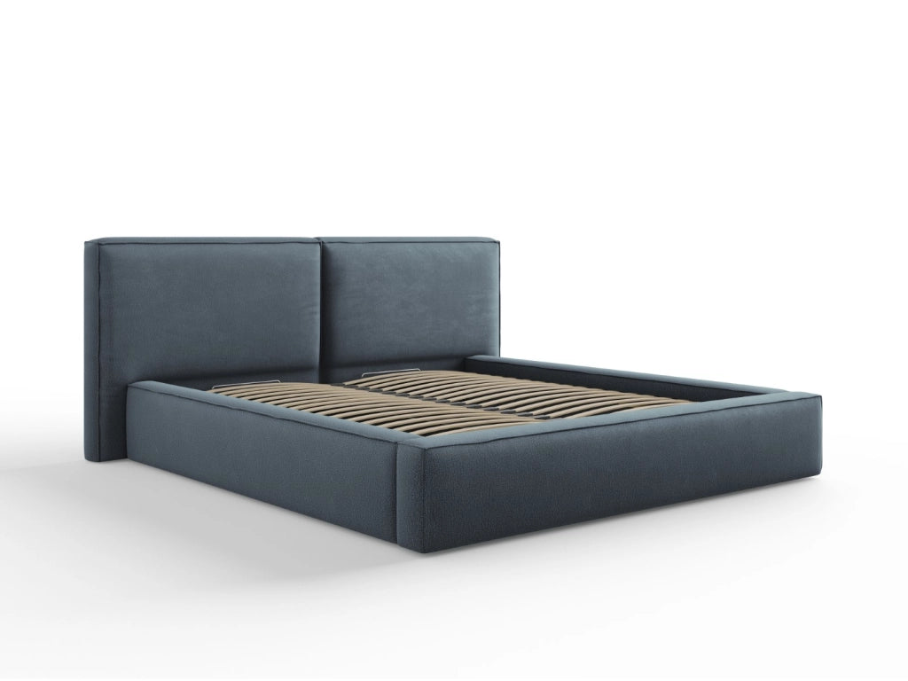 Cosmopolitan Design - Letto a cassettone con testiera doppia "Arendal" 180x200cm in tessuto strutturato blu 