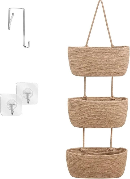 Organizzatore a tre livelli appeso di tessuto per parete in cotone per conservare articoli da bagno, snack, giocattoli e carta da regalo (marrone chiaro)