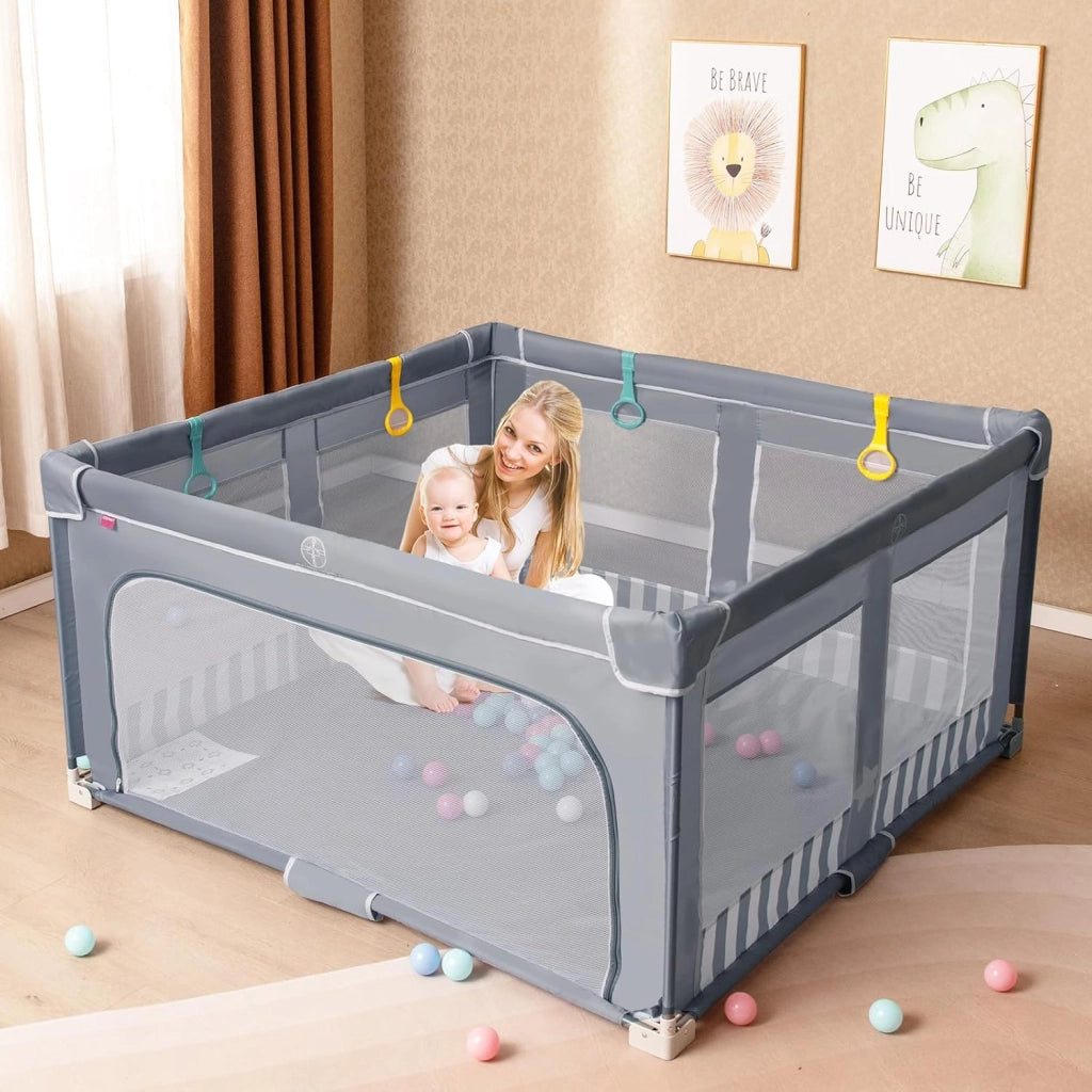 Box per Bambini 150 x 150 cm, Recinto per Neonati Pieghevole in Tessuto Oxford con Rete Traspirante, Centro Attività con 50 Palline, 4 Pezzi Anelli e Borsa (Grigio+Bianco, 150 x 150 cm)