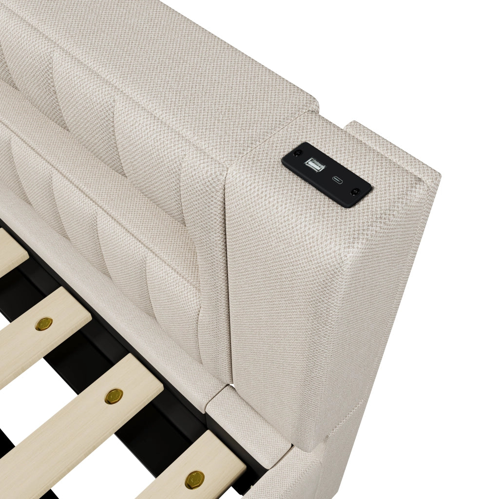 OKWISH Letto Divano 90×200 cm, Letto Singolo con Contenitore Idraulico, LED Regolabile e USB e Tipo C, senza Materasso, in Lino, Beige