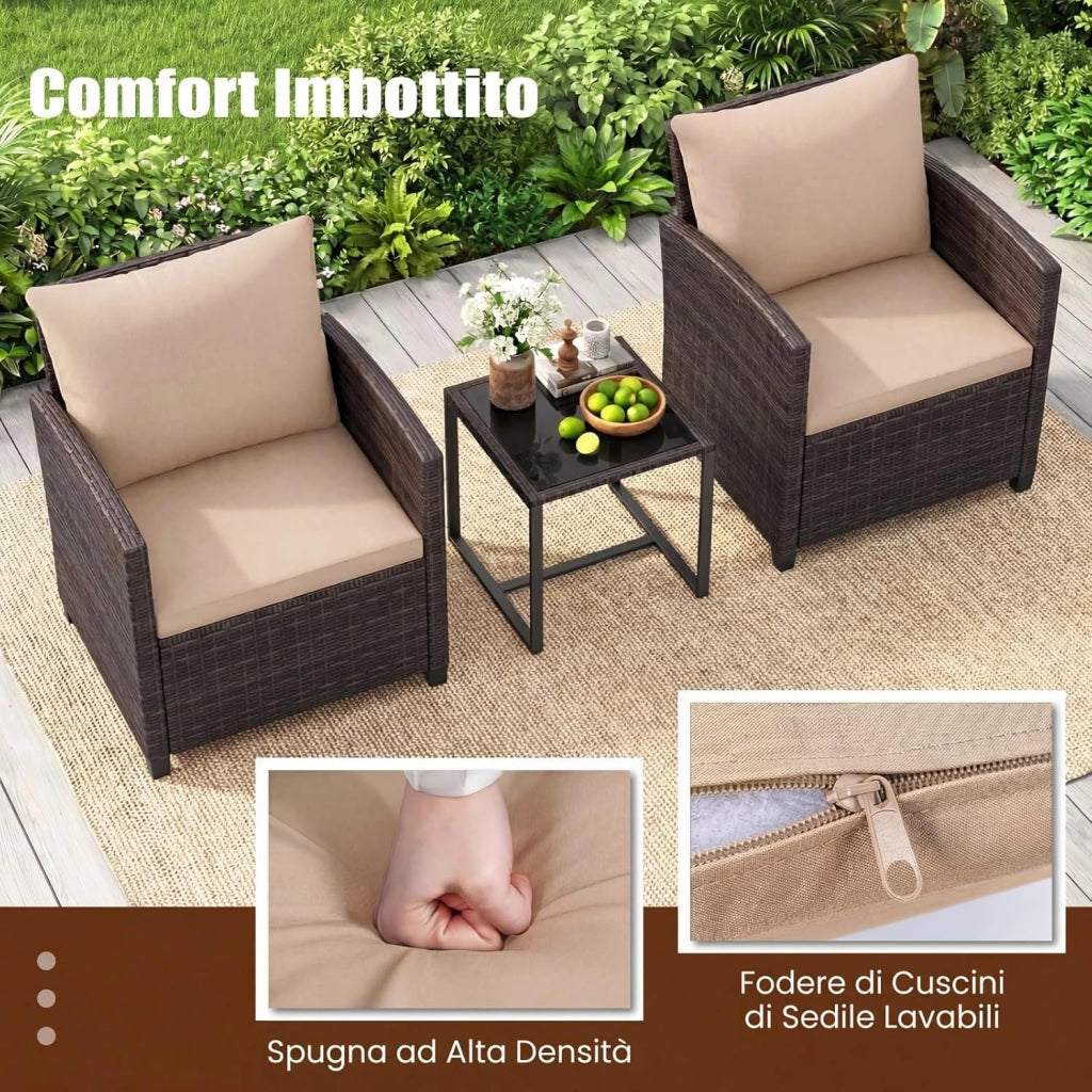 Set Mobili da Giardino 3 Pezzi, Salotto da Esterno in Rattan PE con 2 Poltrone e 1 Tavolino in Vetro Temperato, Set da Conversazione con Cuscini Sfoderabili per Patio (giallo, Modello 5)