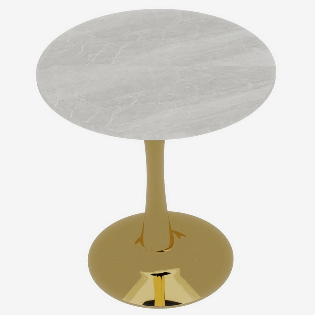 Tavolo da pranzo - rotondo 70 cm - stile mid-century - marmo venato bianco - per 2-4 persone - dorato